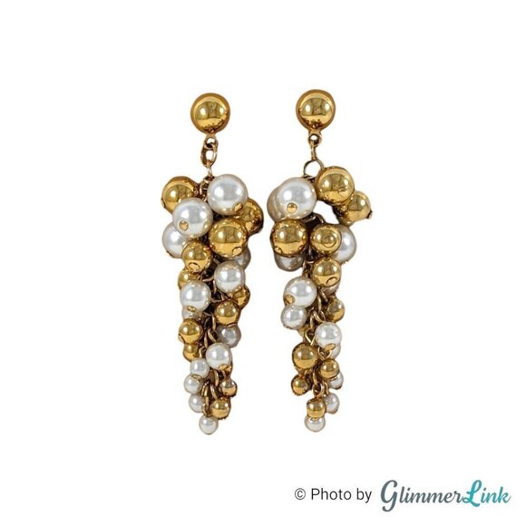 Vintage Two Tone Faux Pearl Grapevine Cluster Dangle Gold Tone Pierced Earrings - Picture 1 of 7